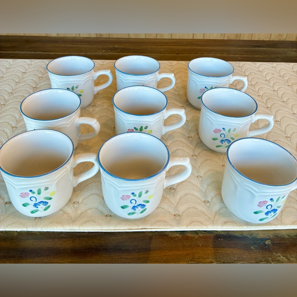 Expressions White Ceramic Mugs with Blue Rim and Floral Accents - Set of 9